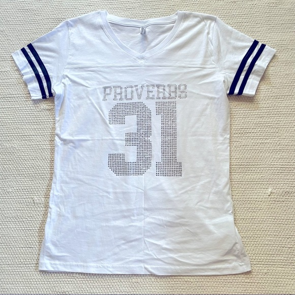 LAT Apparel Rhinestone Proverbs 31 Varsity White Cotton T-Shirt Size S - Picture 1 of 6